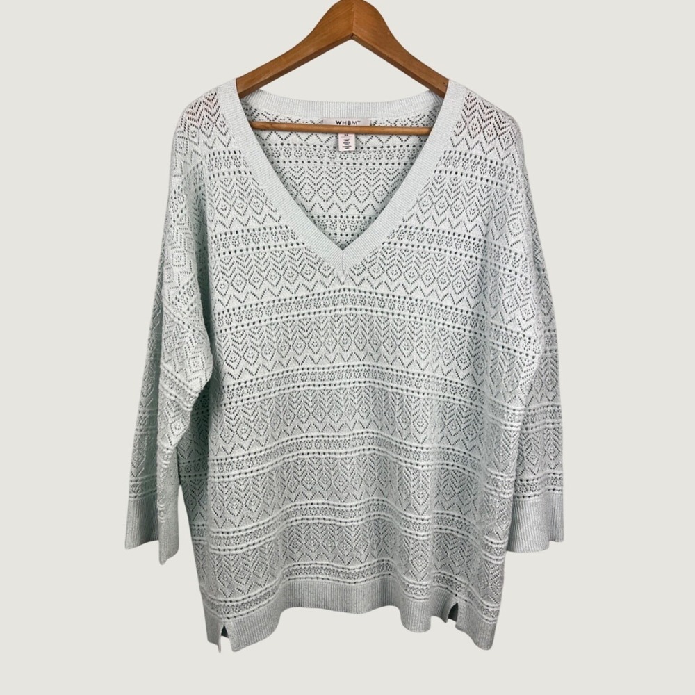 WHBM Sweater XL Blue Metallic Pointelle Knit V-Neck Long Sleeve Shimmer Pullover